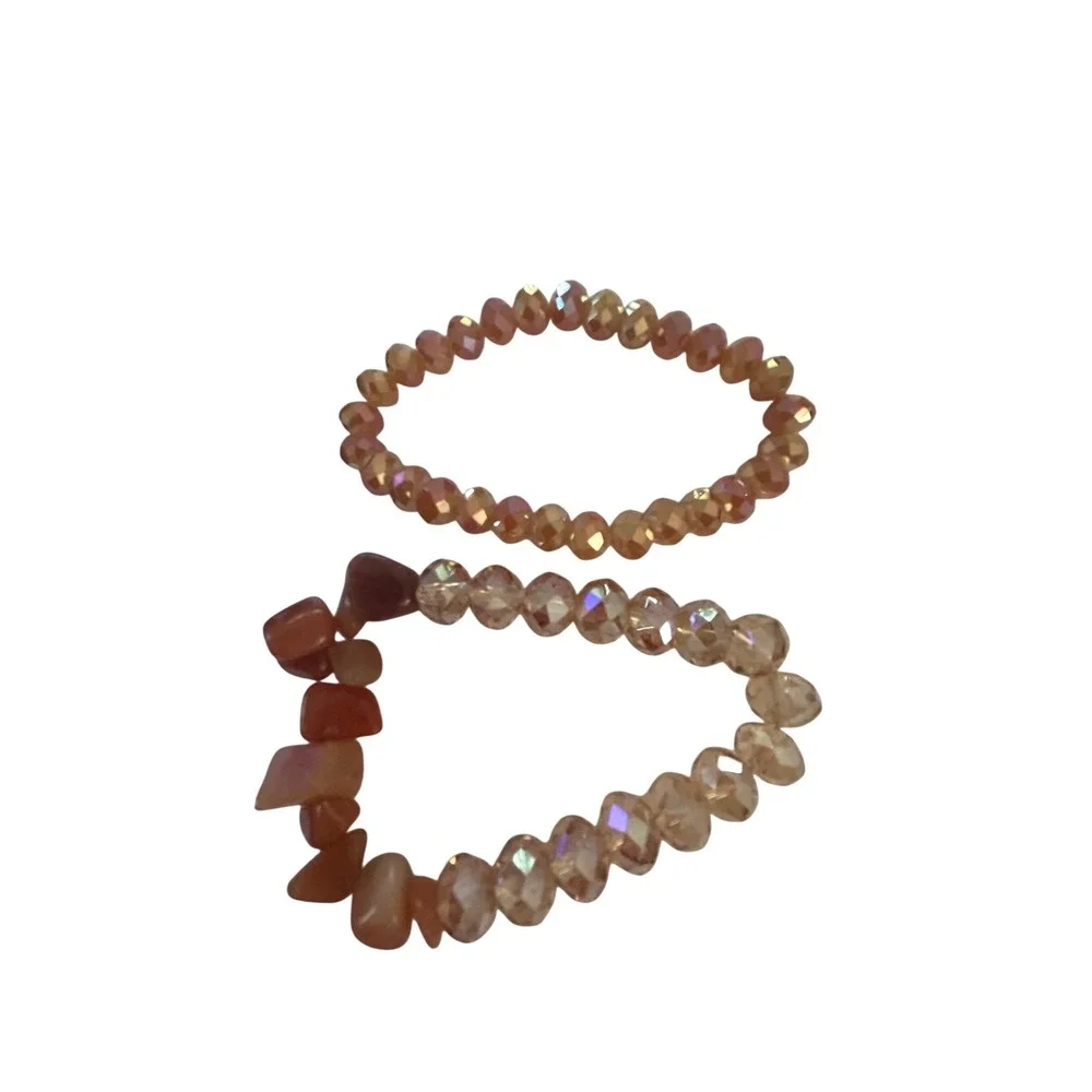 Champagne Iridescent Faceted Glass‎ and Natural Stone Chip Stretch Bracelet Set